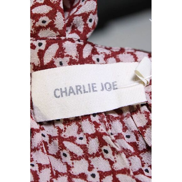 Charlie Joe Womens Long Sleeve Y Neck Chiffon Top Blouse Red Ivory Size XS - Picture 4 of 5